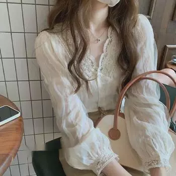 Женская рубашка из нежного шифона с кружевным воротником — универсальный дизайн на осень 2021 года S абрикосовый