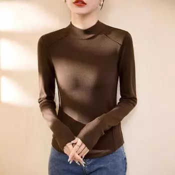 Женская рубашка из смесовой шерсти с полувысоким воротником и длинными рукавами — стиль осень/зима 2024 года, универсальная для многослойного образа Extra Large