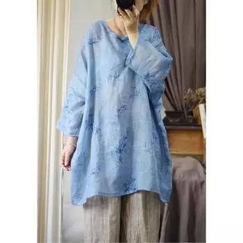 Женская рубашка Johnature с весенним принтом в китайском стиле и пряжкой в стиле ретро, повседневная винтажная индивидуальная рубашка с длинными рукавами One Size светло-синий
