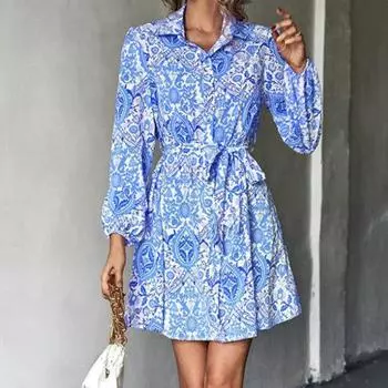 Женская рубашка, короткое платье с цветочным принтом, отложным воротником с поясом, длинными рукавами, застежкой на пуговицы выше колена, повседневное мини-платье M розовый