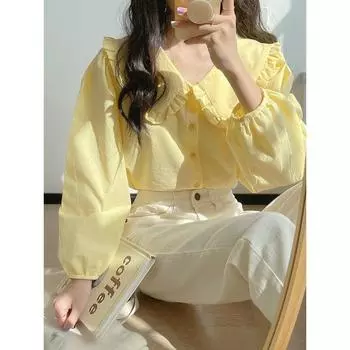 Женская рубашка кремово-желтого цвета с длинными рукавами - французский ретро-шик с кукольным воротником XL