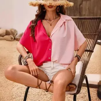 Женская рубашка, летний модный кардиган с цветными блоками, воротник на пуговицах, короткий рукав, женские топы S чёрный