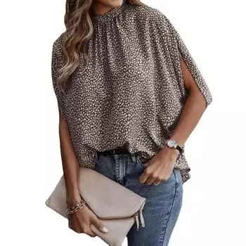 Женская рубашка Летняя повседневная мода с принтом и разрезом «летучая мышь» с короткими рукавами Топ S чёрный