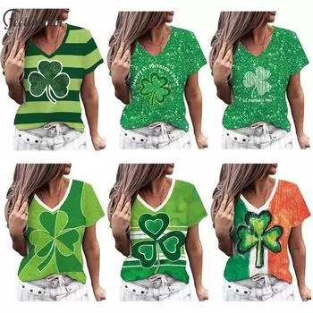 Женская рубашка Lucky с v-образным вырезом, топы на день Святого Патрика, зеленый наряд, праздничная уличная одежда, весенне-летние футболки, женская одежда L