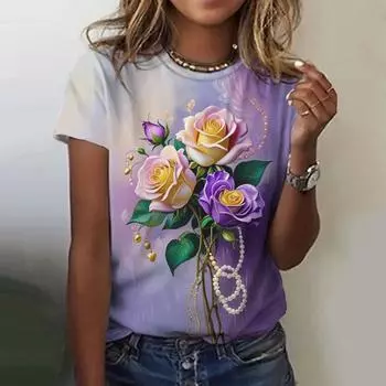 Женская рубашка манги Curta Solta Com Gola Redonda, Top estampado Em Flor Em 3D, Moda Confortvel, версия, 2025 XXS