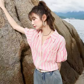 Женская рубашка Mishow, новинка лета 2023, универсальная повседневная рубашка с пышными рукавами и полосками на пуговицах, женский топ MXC38C0072