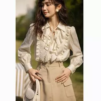 Женская рубашка Mishow с бантом на шнуровке и рюшами на воротнике, весенняя одежда с длинным рукавом и v-образным вырезом, специальный дизайн, винтажная полосатая пригородная женская одежда MXC11C0711