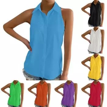 Женская рубашка на пуговицах, базовая повседневная однотонная летняя рубашка без рукавов, топ L чёрный