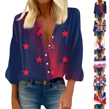 Женская рубашка на пуговицах, повседневная независимый дневной принт, модная укороченная рубашка с круглым вырезом и длиной до плеч L синий