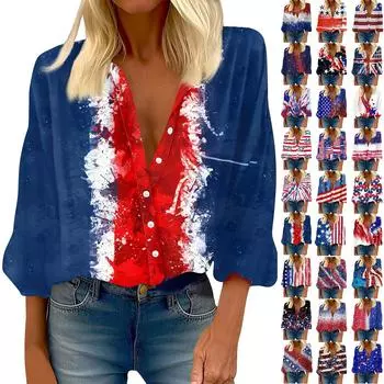 Женская рубашка на пуговицах, повседневная независимый дневной принт, модная укороченная рубашка с круглым вырезом и длиной до плеч L синий
