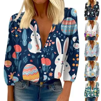 Женская рубашка на пуговицах, повседневная рубашка с пасхальным принтом, модная рубашка с круглым вырезом и заниженными плечами, рубашка с семью рукавами, топ L