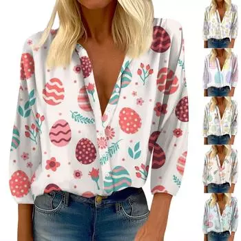 Женская рубашка на пуговицах, повседневная рубашка с пасхальным принтом, модная рубашка с круглым вырезом и заниженными плечами, рубашка с семью рукавами, топ S хаки
