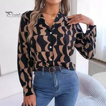 Женская рубашка на пуговицах, повседневная, с длинным рукавом, с лацканами, свободная, с принтом, уличная одежда для работы, вечеринки, отпуска, путешествий XL чёрный