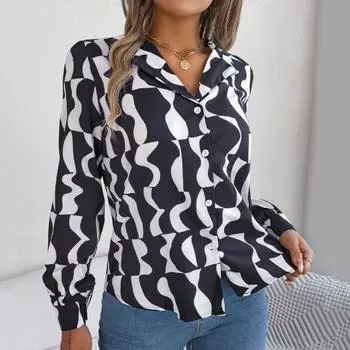 Женская рубашка на пуговицах, повседневная, с длинным рукавом, с лацканами, свободная, с принтом, уличная одежда для работы, вечеринки, отпуска, путешествий XL чёрный