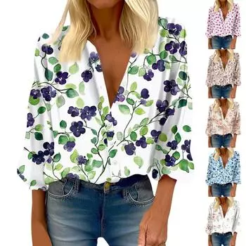 Женская рубашка на пуговицах, повседневный принт, модная круглая горловина, спущенное плечо, семь рукавов, рубашка, топ L