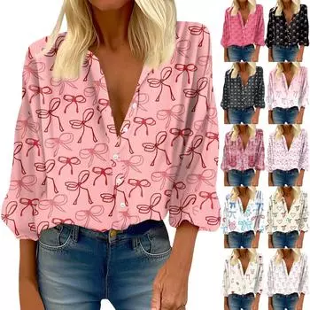 Женская рубашка на пуговицах, повседневный принт, модная круглая горловина, спущенное плечо, семь рукавов, рубашка, топ L бежевый