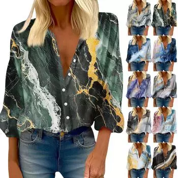 Женская рубашка на пуговицах, повседневный принт, модная круглая горловина, спущенное плечо, семь рукавов, рубашка, топ L синий