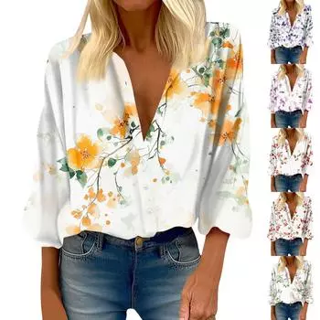 Женская рубашка на пуговицах, повседневный принт, модная круглая горловина, спущенное плечо, семь рукавов, рубашка, топ L темно-фиолетового