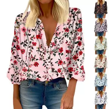 Женская рубашка на пуговицах, повседневный принт, модная круглая горловина, спущенное плечо, семь рукавов, рубашка, топ L чёрный