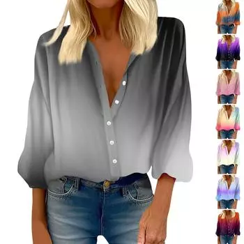 Женская рубашка на пуговицах, повседневный принт, модная круглая горловина, спущенное плечо, семь рукавов, рубашка, топ L синий