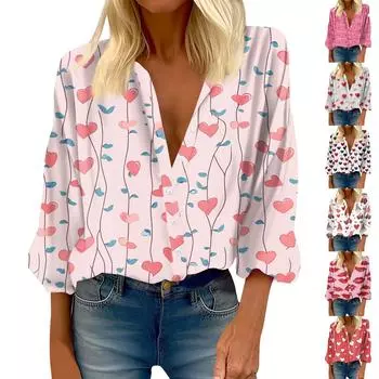 Женская рубашка на пуговицах, повседневный принт, модная круглая горловина, спущенное плечо, семь рукавов, рубашка, топ XL