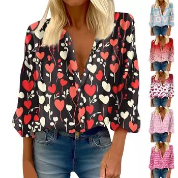 Женская рубашка на пуговицах, повседневный принт, модная круглая горловина, спущенное плечо, семь рукавов, рубашка, топ XXXL
