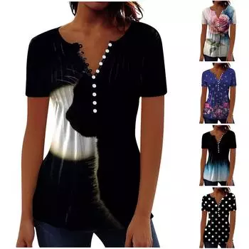 Женская рубашка на пуговицах с цветочным принтом и V-образным вырезом, футболка с короткими рукавами и пуговицами, летние повседневные топы L розовый