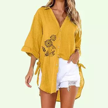 Женская рубашка на пуговицах с принтом, летняя и осенняя модная футболка с коротким рукавом, женская повседневная рубашка с v-образным воротником, свободные длинные блузки S белый