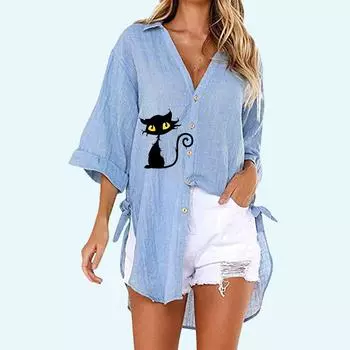 Женская рубашка на пуговицах с принтом, летняя и осенняя модная футболка с коротким рукавом, женская повседневная рубашка с v-образным воротником, свободные длинные блузки S белый