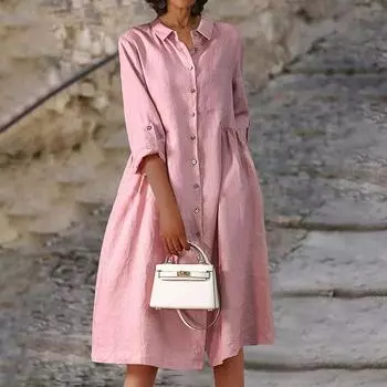 Женская рубашка на пуговицах с закатанными рукавами 3/4, длинное платье L розовый