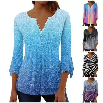 Женская рубашка на пуговицах, топ с цветочным принтом, летняя повседневная блузка с рукавом 3/4 и V-образным вырезом L чёрный