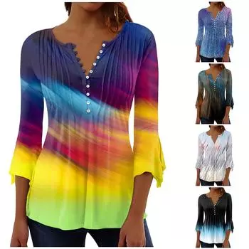 Женская рубашка на пуговицах, топ с цветочным принтом, летняя повседневная блузка с рукавом 3/4 и V-образным вырезом L чёрный