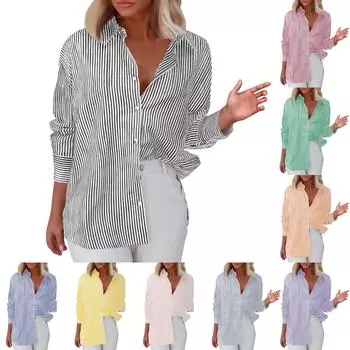 Женская рубашка на пуговицах в полоску, классическая рабочая рубашка с длинными рукавами и воротником, топ с карманами L жёлтый