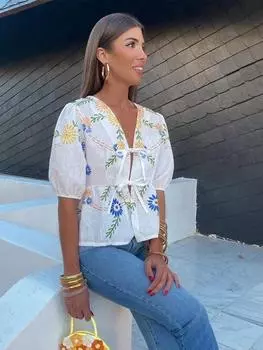 Женская рубашка на шнуровке с цветочным принтом, с вырезом и бантом, с короткими пышными рукавами и v-образным вырезом, весна-лето, женская верхняя одежда L