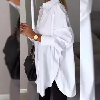Женская рубашка на весну и лето, однотонная рубашка с лацканами и длинным рукавом, повседневная рубашка средней длины с разрезом по бокам, рабочая одежда L белый