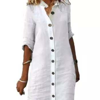 Женская рубашка на весну и лето, средний рукав, большая круглая пуговица, платье из хлопка и конопли S белый