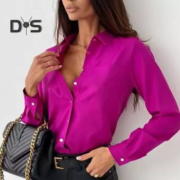 Женская рубашка на весну и осень, деловая блузка в деловом стиле, однобортный однобортный женский топ с длинными рукавами и лацканами M розы красного