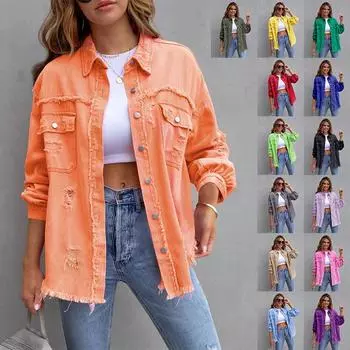Женская рубашка на весну и осень, джинсовая куртка с дырками, джинсовая куртка с необработанными краями, повседневный топ, розово-красный, оранжевый, фиолетовый, верхняя одежда, женское пальто XS чёрный