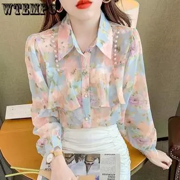 Женская рубашка на весну и осень. Модная и универсальная рубашка. Дизайн Sense Pearl Ruffle Floral. Шифоновая милая рубашка с длинными рукавами. S белый