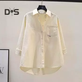 Женская рубашка на весну и осень с отложным воротником, свободная однотонная однобортная рубашка средней длины, мягкая дышащая рубашка с длинным рукавом и разрезом на спине, неровный подол, женская M белый