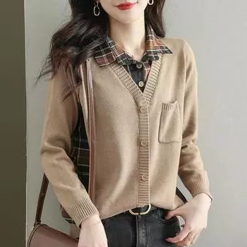 Женская рубашка на весну и осень, вязаные топы с длинными рукавами из двух предметов, короткие кардиганы, свитер, Femme, повседневное трикотажное пальто One size хаки