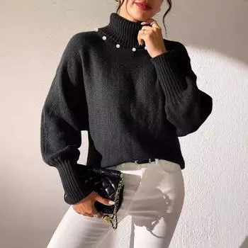 Женская рубашка-низ, осенне-зимняя женская одежда, однотонный простой верх, жемчужно-бисероплетенный свитер с высоким воротом S
