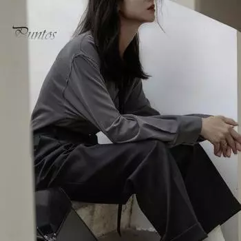 Женская рубашка однотонная с длинным рукавом и лацканами, повседневная рубашка свободного кроя для офиса и вечеринок, повседневная одежда M темно-серого