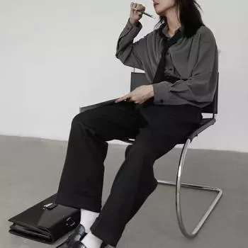 Женская рубашка однотонная с длинным рукавом и лацканами, повседневная рубашка S темно-серого