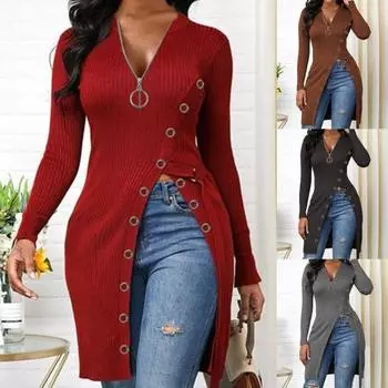 Женская рубашка, однотонная, с высоким разрезом, с длинным V-образным вырезом, в рубчик, для женщин M коричневый