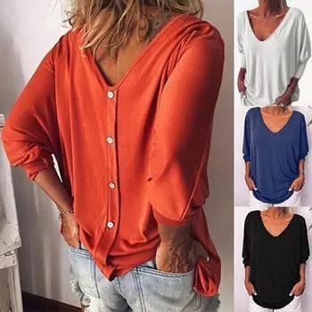 Женская рубашка однотонного цвета с V-образным вырезом плюс размер, повседневный весенний топ для повседневного ношения 2XL чёрный