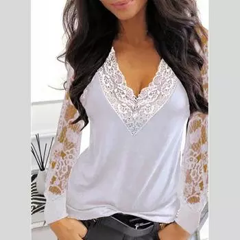 Женская рубашка, однотонный кружевной V-образный вырез, повседневный весенний топ для повседневной носки 3XL чёрный