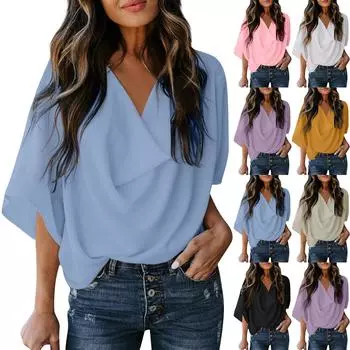 Женская рубашка, однотонный свободный повседневный топ с v-образным вырезом M чёрный