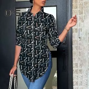 Женская рубашка осень-весна с длинным рукавом, облегающий кардиган с лацканами, однобортный кардиган с пуговицами и принтом, блузка средней длины в стиле OL Commute L черный белый
