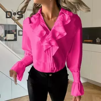 Женская рубашка осень-весна с V-образным вырезом, оборками, длинным рукавом, однобортная, с рукавами-фонариками, в стиле OL Commute, элегантная женская блузка M белый